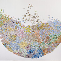 Recycled maps, ink, fishing weight, string, fishing line, 80"H x 97"W, 2011