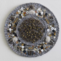 Carpet padding, cork, metal spirals and other findings, buttons, bells, fur, beads, waxed twine, upholstery thread, 24"H x 24"W x 4"D, 2012