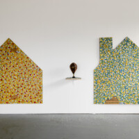 Found cardboard, Dubble Bubble gum wrappers, table-top punching bag, shredded money, staples, marker, duct tape, wax paper. Each house measures 67.25"H x 67.25"W, 2012