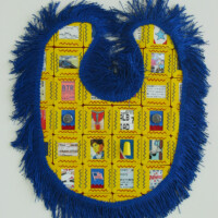 Slide mounts, acrylic, found and collected text, images, and sundry objects, terrycloth, fringe, thread, 16"H x 13.5"W, 2002