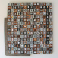 Slide mounts, acrylic, colored pencil, pencil, ink, Liquitex, paper, canvas, wisk broom fragments, bells, thread, felt numbers, metal ruler, on panel, 33.25"H x 29.75"W, 2004